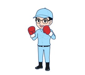 Young man in light blue work clothes
