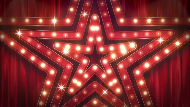 ミュージカルのステージのようなキラキラ光る星型のシアターライトとステージ幕　ループ　レッド