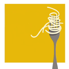 Long pasta wrapped on a fork. Square brown background with white margins. - 385906961