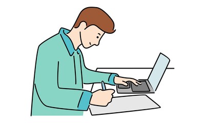 Young man work with laptop, line art color illustration