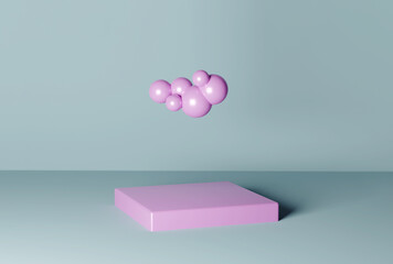 Minimal creative concept with cloud. Pink studio 3d stand platform. Abstract geometric background. Blue background.