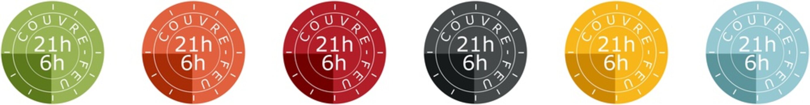 Colored icons of the curfew between 21h and 6h in the morning because of Covid-19 with written in French "couvre feu" :curfew