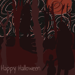 Fototapeta na wymiar Dark shadowed of dead tree with a woman and a pair of mother and her child walking in night background filled with twilight shadow under the red moon for Halloween theme