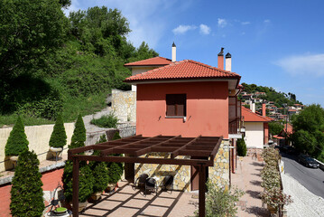 view of the mountain village and main street to Valtessiniko in Arcadia, Peloponnese, Greece