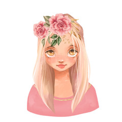 Beautiful girl with flower crown on head. Cartoon style. Girl portrait