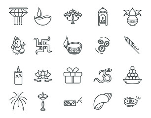 Diwali festival icon set including diya, ganesha, kalash, candle, lamp and lantern. Hindu celebration elements with editable stroke.