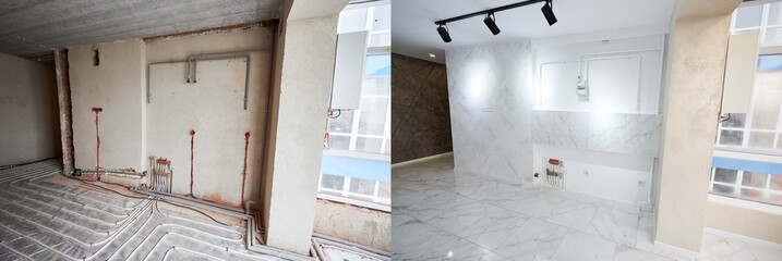 Empty flat with marble floor before and after refurbishment. Comparison of old room with underfloor...