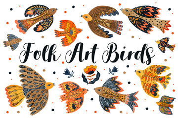 Watercolor set of birds drawn in folk art isolated on white background.
