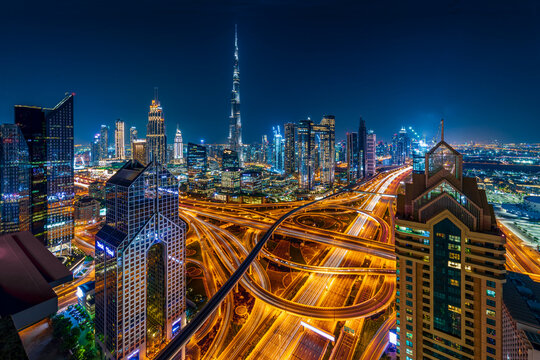 Arial view of Dubai cityscape at night with beautiful lights