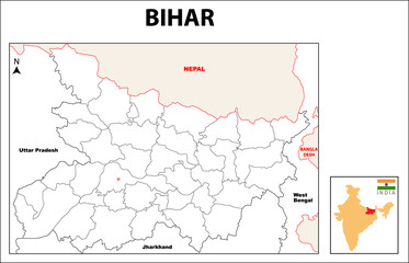 Bihar Map. Bihar District map. Bihar districts map with name labels in White background. Bihar district map with border in highligh color.