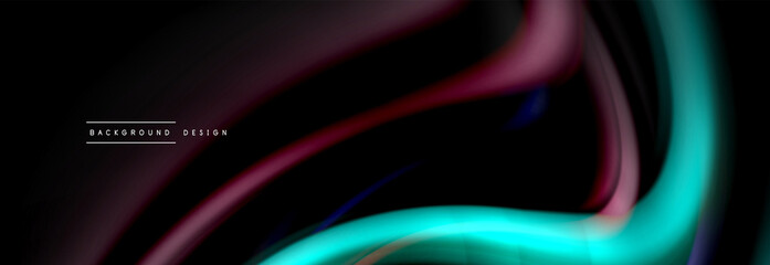 Dynamic motion abstract background. Color blurred stripes on black. Wave liquid lines poster. Vector illustration