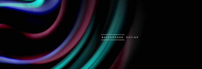 Dynamic motion abstract background. Color blurred stripes on black. Wave liquid lines poster. Vector illustration