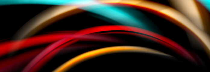 Dynamic motion abstract background. Color blurred stripes on black. Wave liquid lines poster. Vector illustration