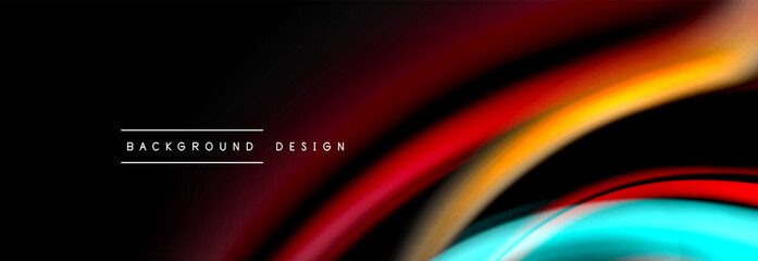 Dynamic motion abstract background. Color blurred stripes on black. Wave liquid lines poster. Vector illustration
