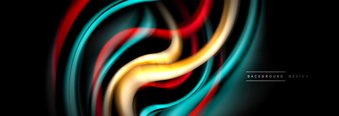 Dynamic motion abstract background. Color blurred stripes on black. Wave liquid lines poster. Vector illustration