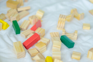 Colorful blocks wood toy. Selective focus. Background.
