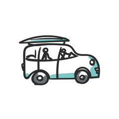 Simple car doodle road trip cartoon, illustration isolated on white background, Vector sketch