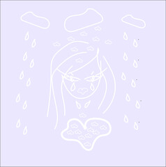 A crying girl made of white lines on a blue background with white clouds raindrops a heart shaped puddle of tears