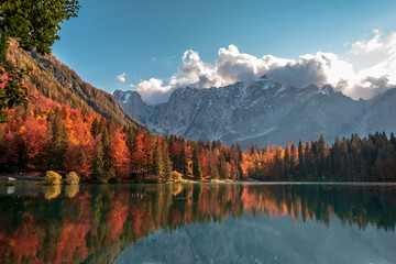Colorful autumn foliage at the alpine lake