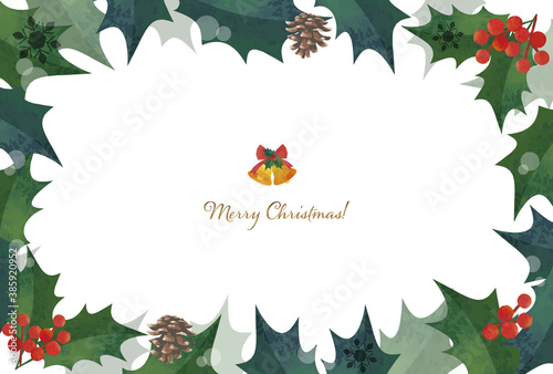 クリスマスカード クリスマスフレーム 柊とベル 飾り枠 水彩イラスト はがきサイズ 100 148mm 比率 Wall Mural Pp7