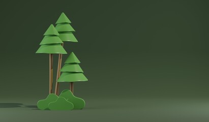 Bushes and trees on a green background with space for text. A 3d render.