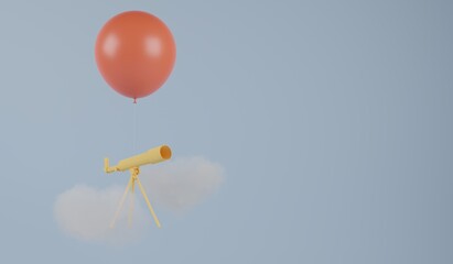 A yellow telescope floating in the sky. A 3d render.