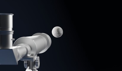 A silver telescope pointing at the Moon. A 3d render.