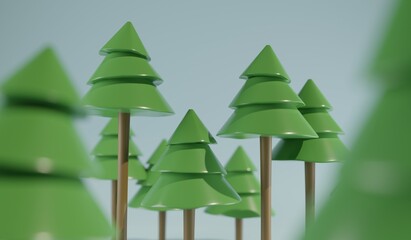 A stylized forest of spruce trees. A 3d render.
