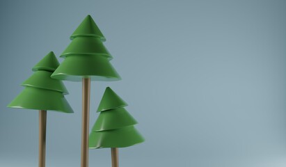 Three spruce trees on a blue background. A 3d render.
