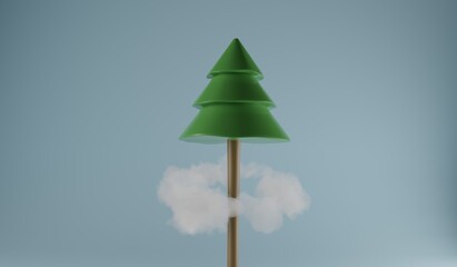 A spruce tree with a ring of clouds around it. A 3d render.