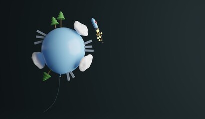 A balloon-planet with cities, forests and clouds. A 3d render.