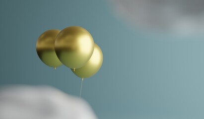 Golden balloons among clouds in the sky. A 3d render.