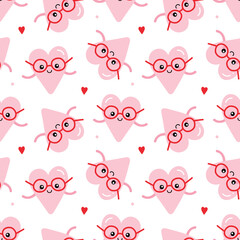 Cute smiling pink heart characters in glasses vector seamless pattern background for Valentines Day design.