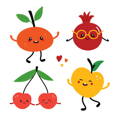 Set, collection of cute fruit characters happy and smiling. Apples, clementine, cherry, pomegranate cartoon characters icons. 
