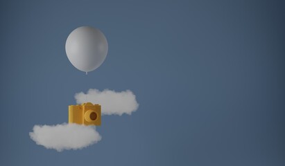 An orange vintage camera hanging from a white balloon between stylized clouds with space for text. A 3d render.