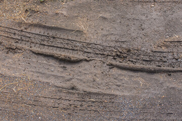 a tire mark on brown mud