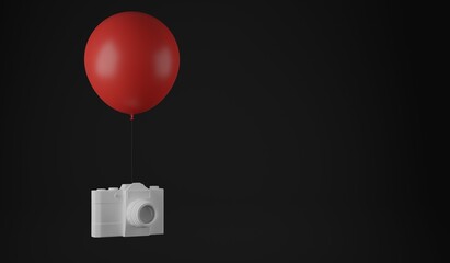 A white vintage camera hanging from a red balloon  with space for text. A 3d render.
