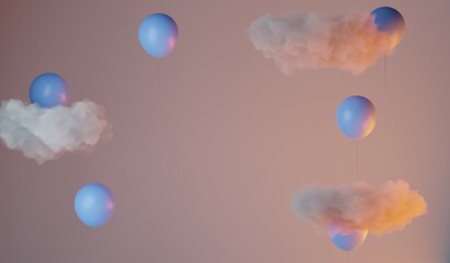 A 3d rendered background with clouds and balloons lit by a setting sun light.