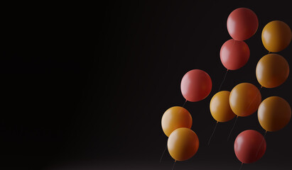 Red and orange balloons flying up. A 3d render.