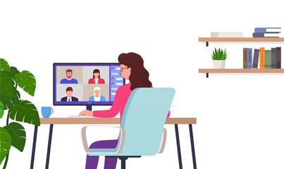 Woman works remotely home office. Character sits at table using computer for collective virtual meeting, group video conference.