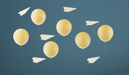Paper airplanes flying between yellow balloons. A 3d render.