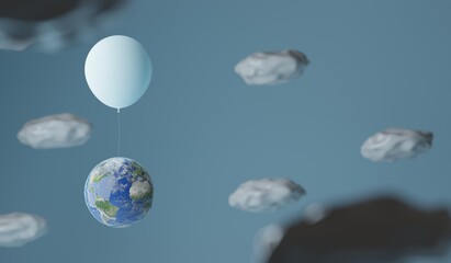 Planet Earth hung on a balloon among clouds. A 3d render.