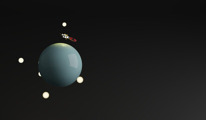 A toy planet Uranus with a little rocket flying around it. A 3d render.