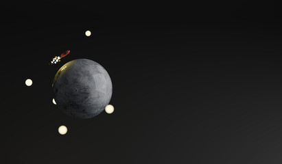 A toy planet Eris with a little rocket flying around it. A 3d render.