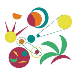 Moon, stars and planets bright abstract texture doodle isolated on white background.