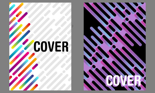 2 couvertures de flyers, de catalogues ou de brochures au fond abstrait avec des lignes pointillées en biais aux couleurs vives et noir.