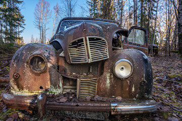 Fototapeta na wymiar Old abandoned English car standing in a forest in Sweden, polluting the environment