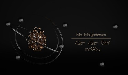 A stylized Molybdenum atom visualization, with the number of protons, neutrons, electrons and its name written next to it. A 3d render.