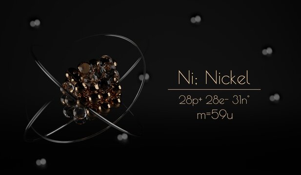 A stylized Nickel atom visualization, with the number of protons, neutrons, electrons and its name written next to it. A 3d render.