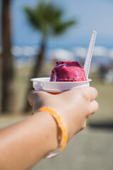 A young tourist girl holds in her hand a plastic cup of strawberry or raspberry ice cream sorbet...